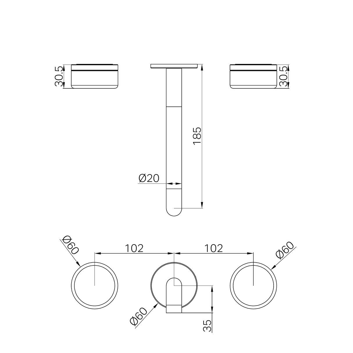 A line drawing of Nero Tapware's Serenity Wall Basin Set 185mm Spout With Verde Alpi Handle Trim Kit Only Chrome