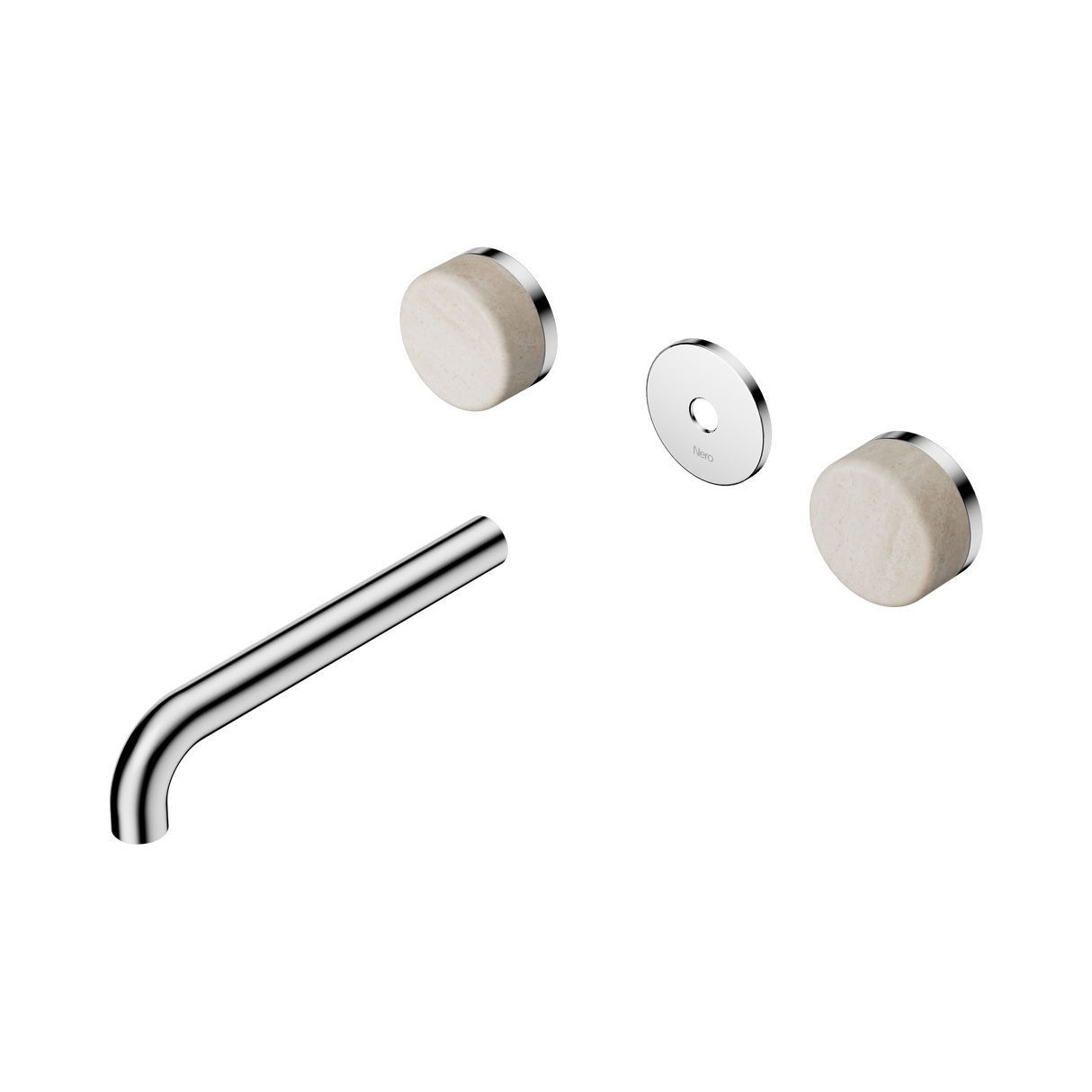 An image of Nero Tapware's Serenity Wall Basin Set 185mm Spout With Rome Travertine Handle Trim Kit Only Chrome