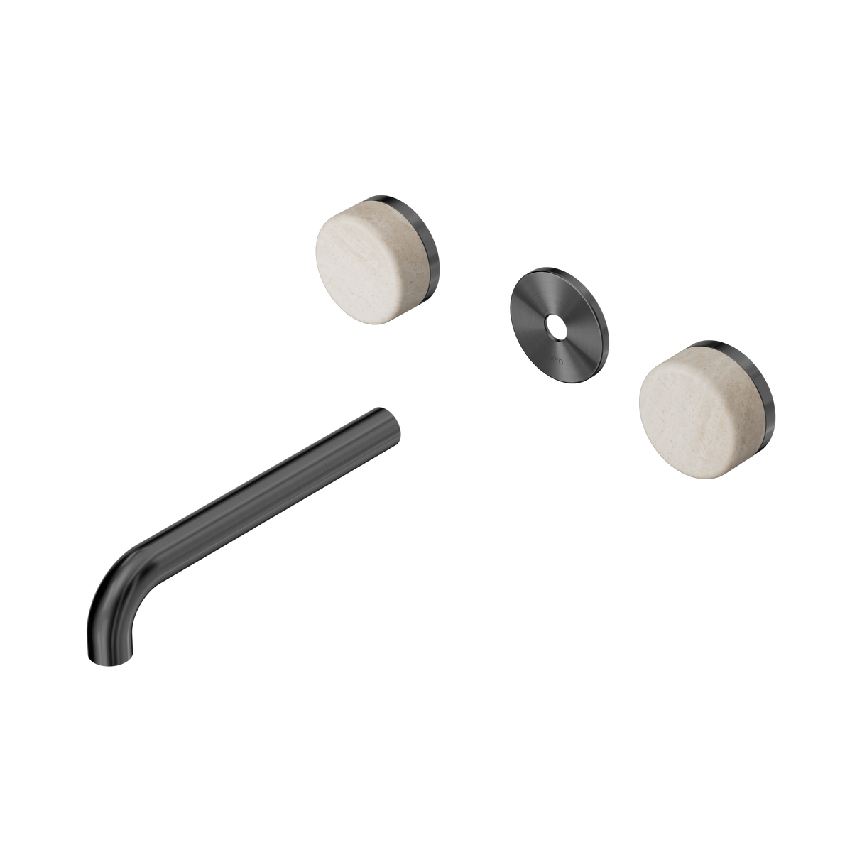 An image of Nero Tapware's Serenity Wall Basin Set 185mm Spout With Rome Travertine Handle Trim Kit Only Gun Metal