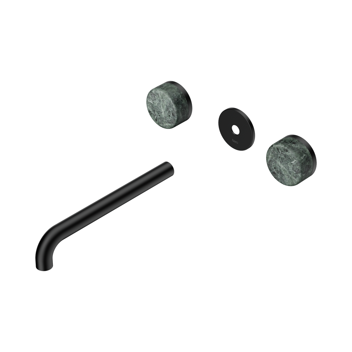 An image of Nero Tapware's Serenity Wall Basin Set 220mm Spout With Verde Alpi Handle Trim Kit Only Matt Black