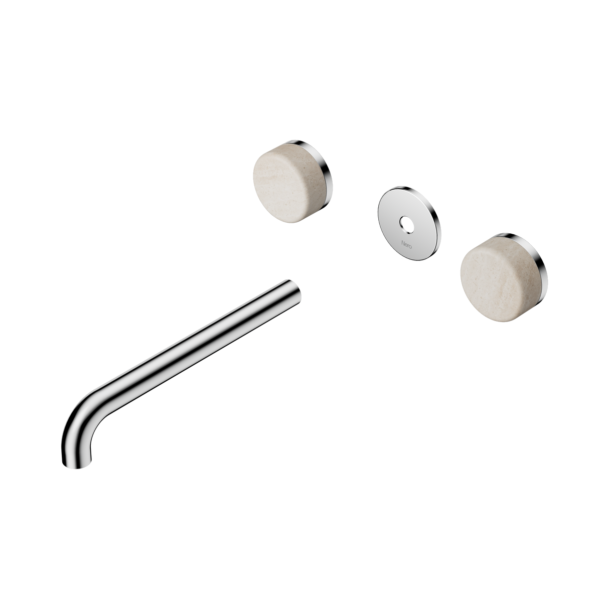 An image of Nero Tapware's Serenity Wall Basin Set 220mm Spout With Rome Travertine Handle Trim Kit Only Chrome