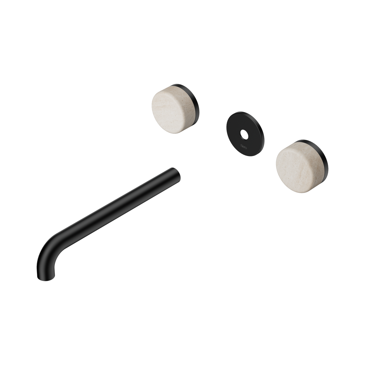 An image of Nero Tapware's Serenity Wall Basin Set 220mm Spout With Rome Travertine Handle Trim Kit Only Matt Black