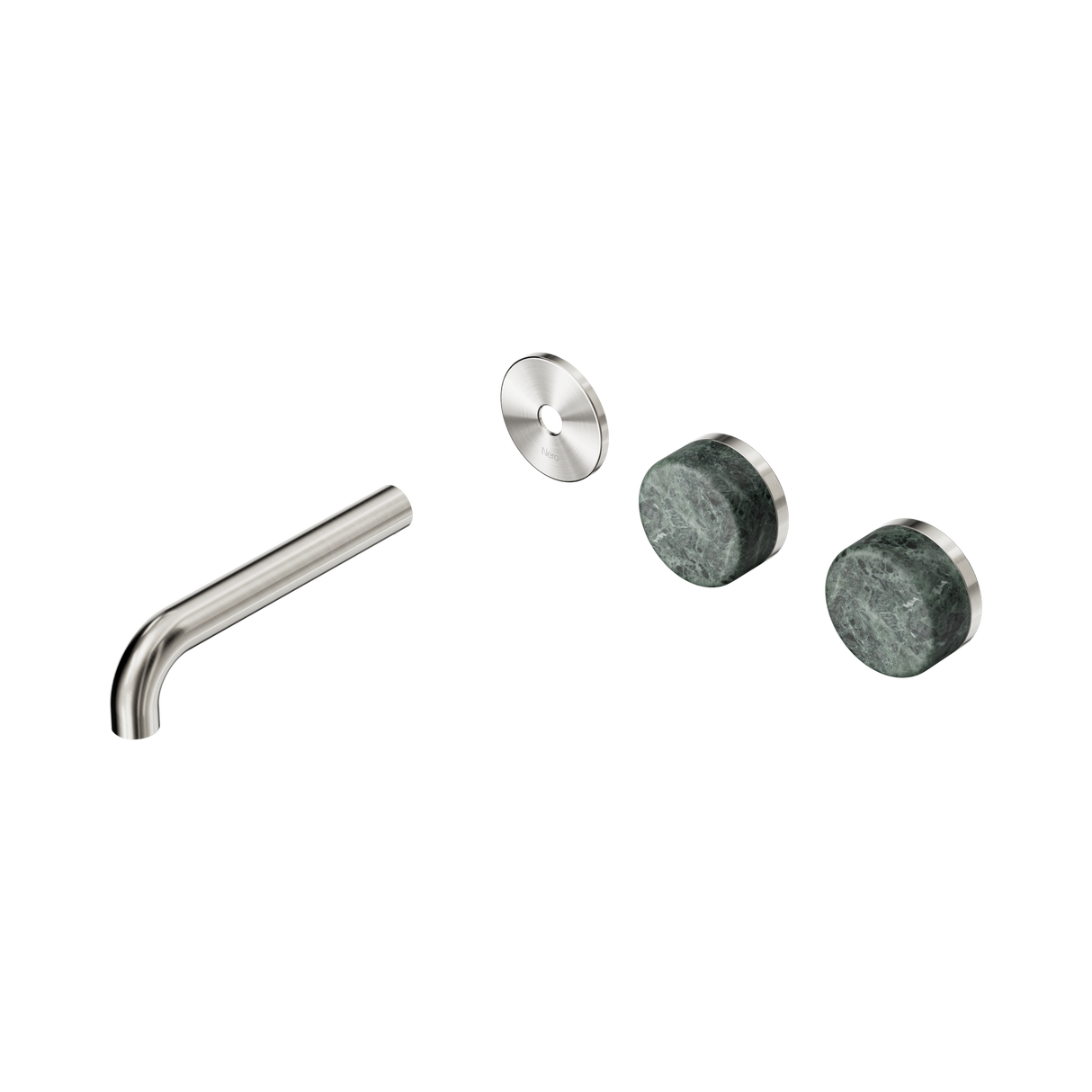 An image of Nero Tapware's Serenity Wall Basin Set 160mm Offset Spout With Verde Alpi Handle Trim Kit Only Brushed Nickel