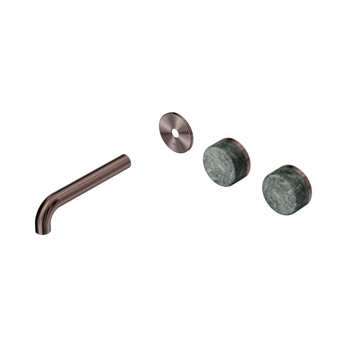 An image of Nero Tapware's Serenity Wall Basin Set 160mm Offset Spout With Verde Alpi Handle Trim Kit Only Brushed Bronze