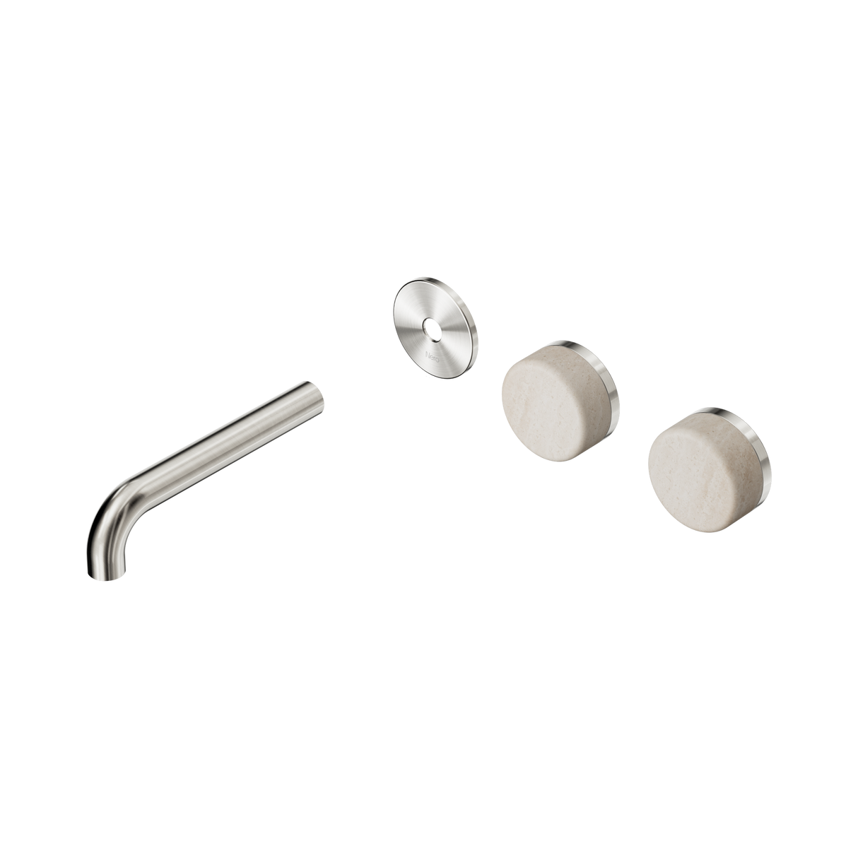 An image of Nero Tapware's Serenity Wall Basin Set 160mm Offset Spout With Rome Travertine Handle Trim Kit Only Brushed Nickel