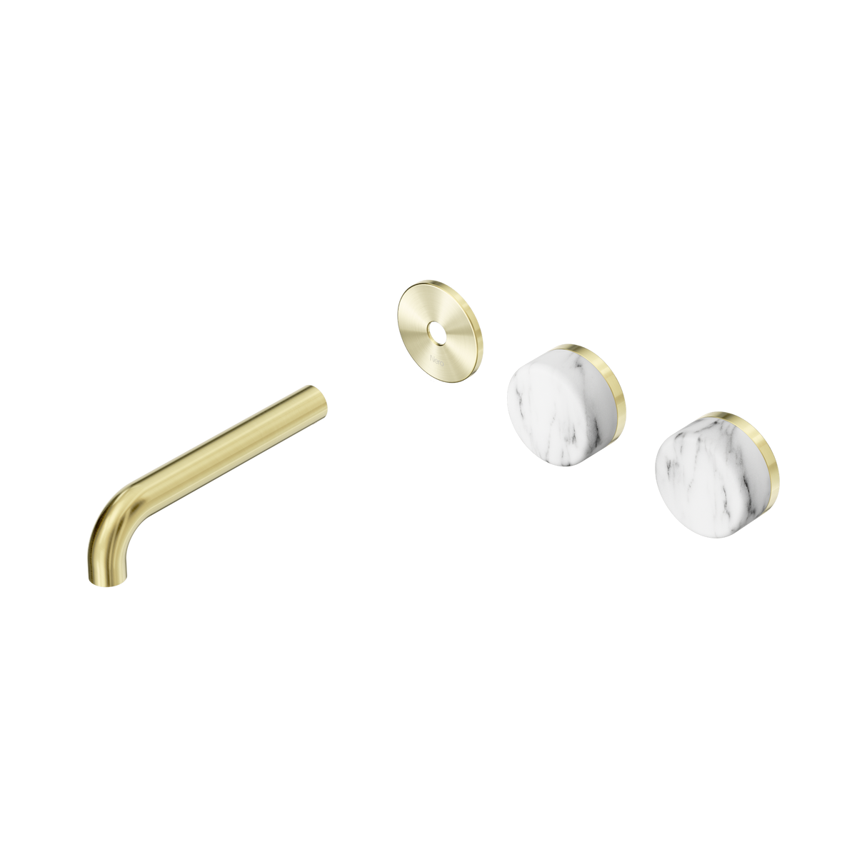 An image of Nero Tapware's Serenity Wall Basin Set 160mm Offset Spout With Arabescato Corchia Handle Trim Kit Only Brushed Gold