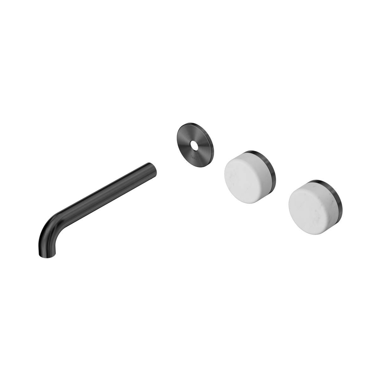 An image of Nero Tapware's Serenity Wall Basin Set 185mm Offset Spout With Carrara Handle Trim Kit Only Gun Metal