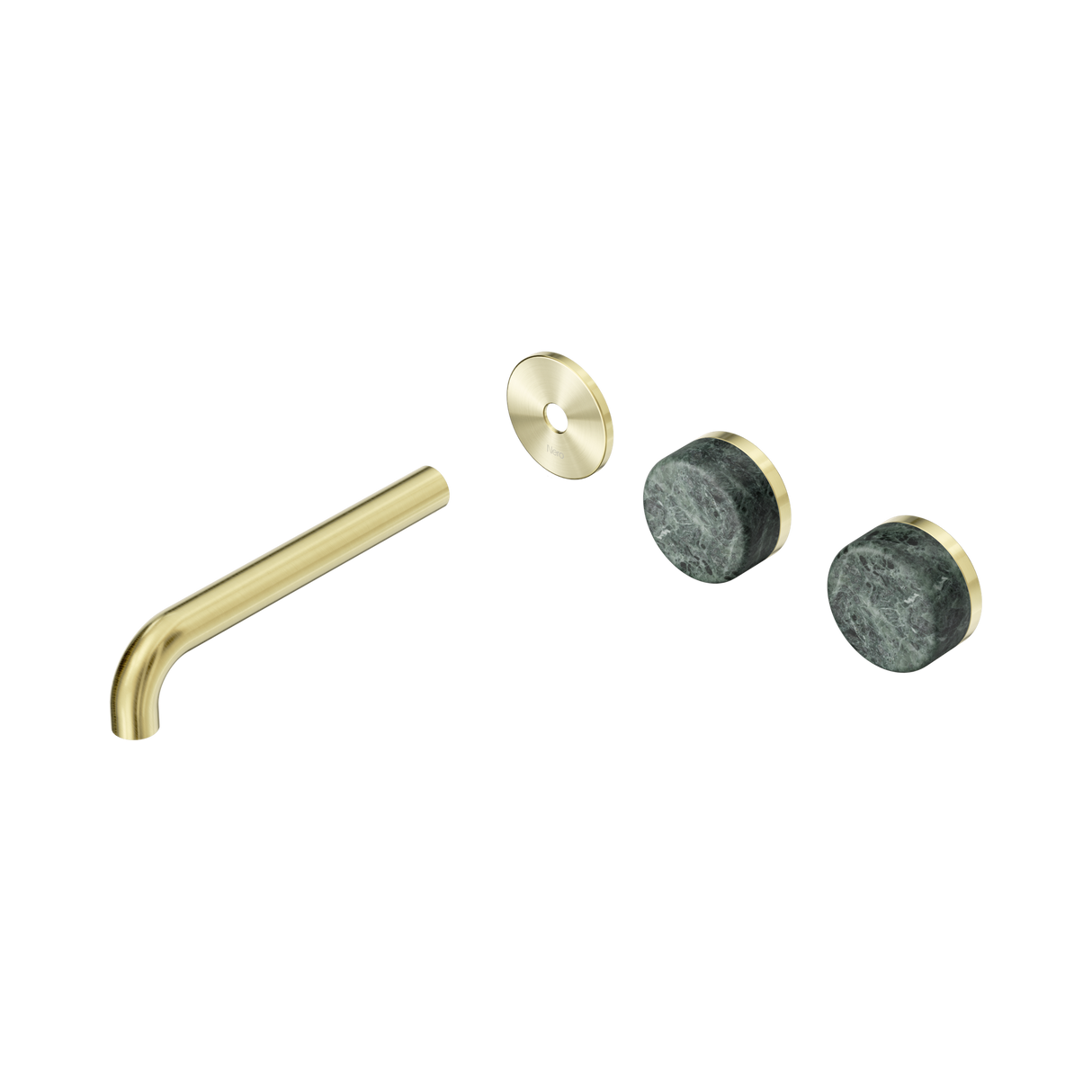 An image of Nero Tapware's Serenity Wall Basin Set 185mm Offset Spout With Verde Alpi Handle Trim Kit Only Brushed Gold