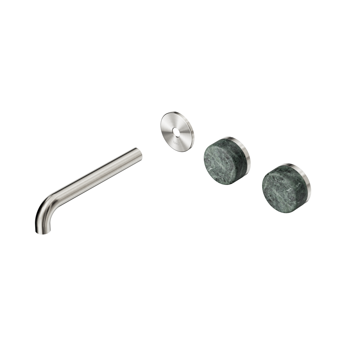 An image of Nero Tapware's Serenity Wall Basin Set 185mm Offset Spout With Verde Alpi Handle Trim Kit Only Brushed Nickel