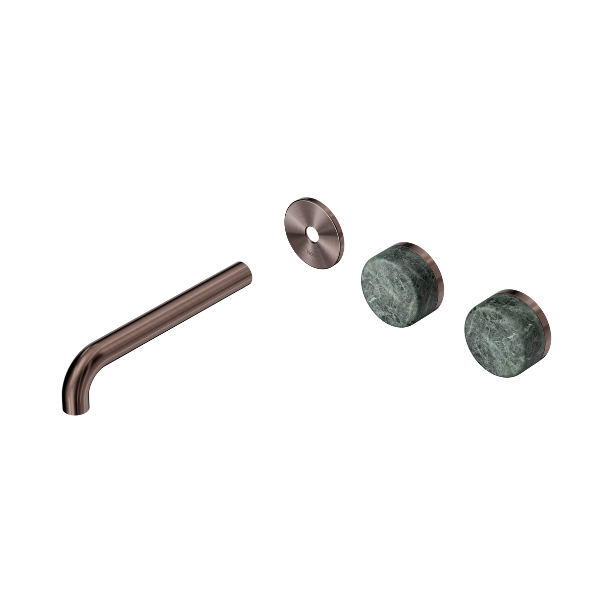 An image of Nero Tapware's Serenity Wall Basin Set 185mm Offset Spout With Verde Alpi Handle Trim Kit Only Brushed Bronze