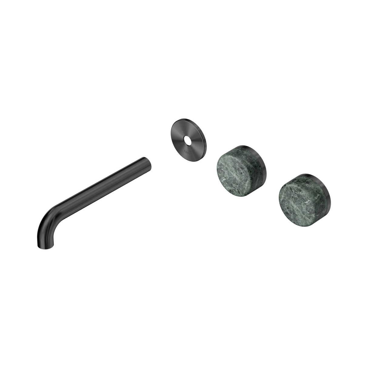 An image of Nero Tapware's Serenity Wall Basin Set 185mm Offset Spout With Verde Alpi Handle Trim Kit Only Gun Metal