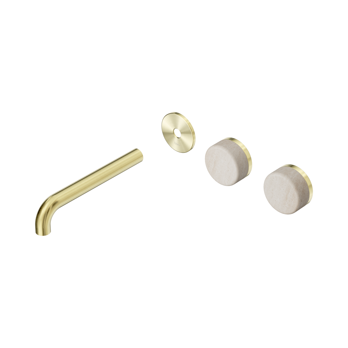 An image of Nero Tapware's Serenity Wall Basin Set 185mm Offset Spout With Rome Travertine Handle Trim Kit Only Brushed Gold