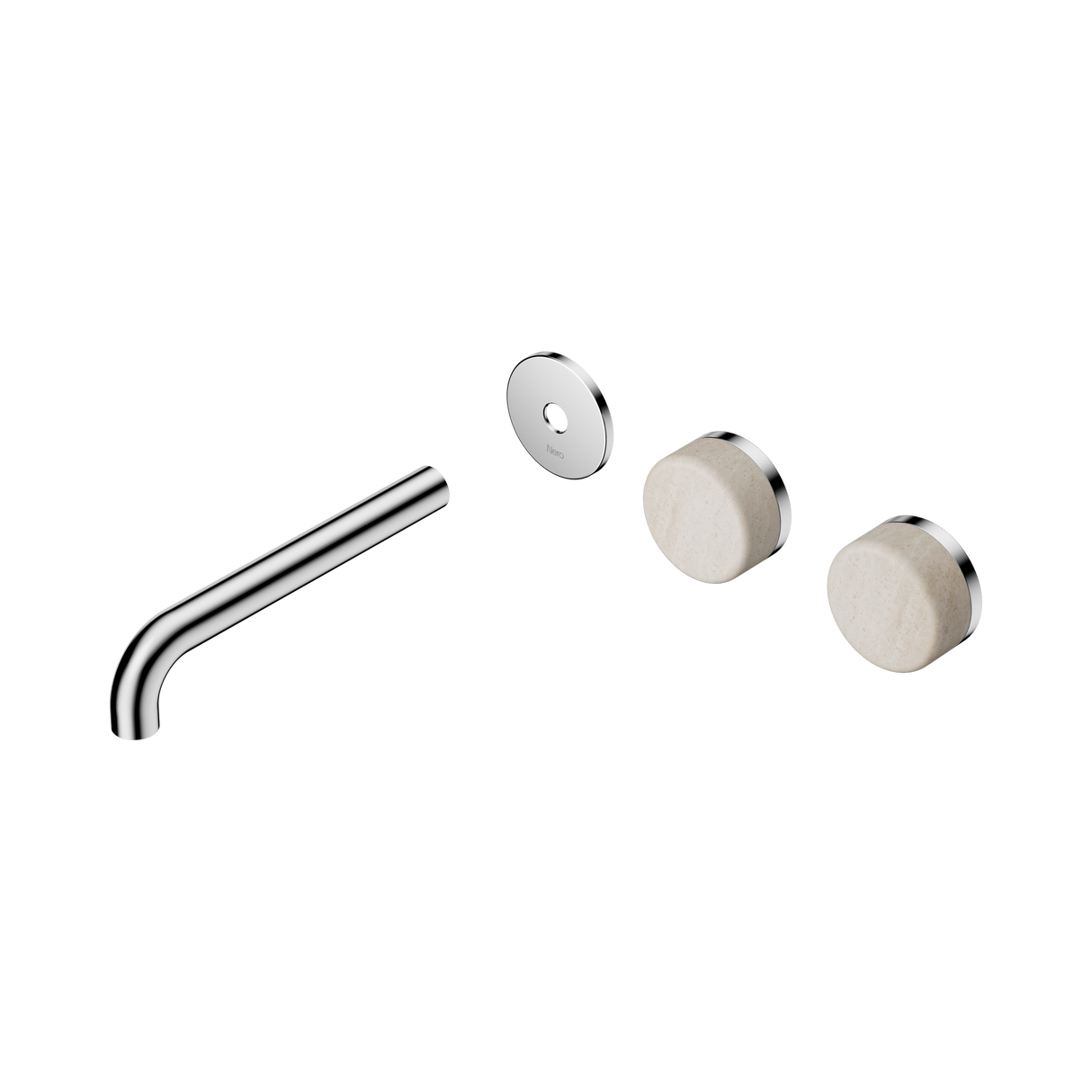 An image of Nero Tapware's Serenity Wall Basin Set 185mm Offset Spout With Rome Travertine Handle Trim Kit Only Chrome