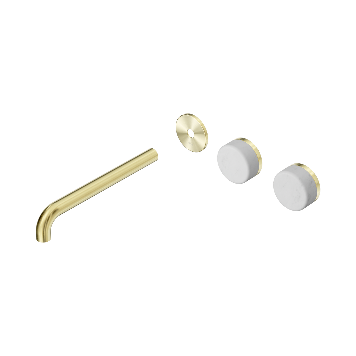 An image of Nero Tapware's Serenity Wall Basin Set 220mm Offset Spout With Carrara Handle Trim Kit Only Brushed Gold