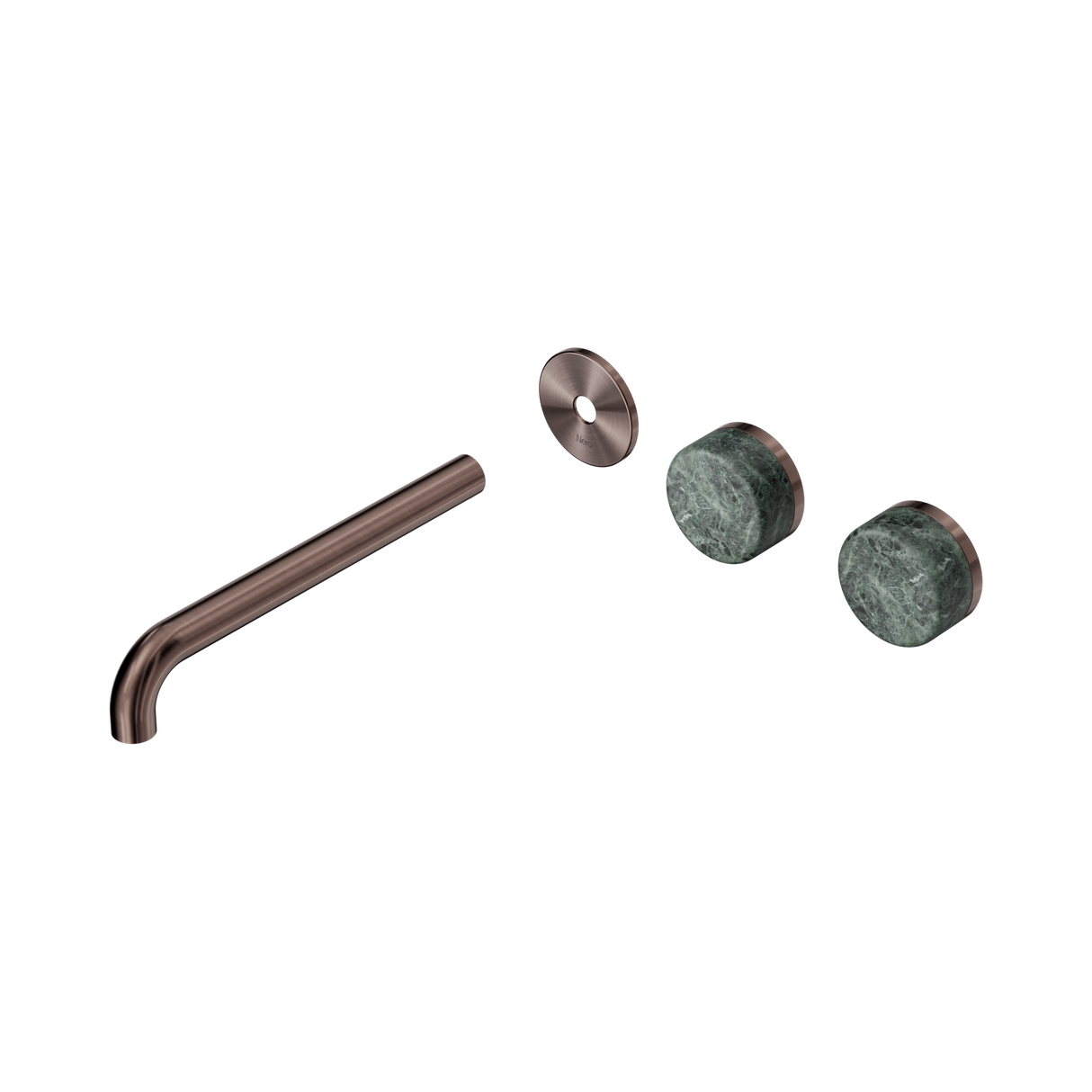 An image of Nero Tapware's Serenity Wall Basin Set 220mm Offset Spout With Verde Alpi Handle Trim Kit Only Brushed Bronze
