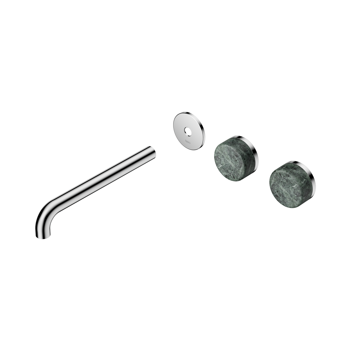An image of Nero Tapware's Serenity Wall Basin Set 220mm Offset Spout With Verde Alpi Handle Trim Kit Only Chrome