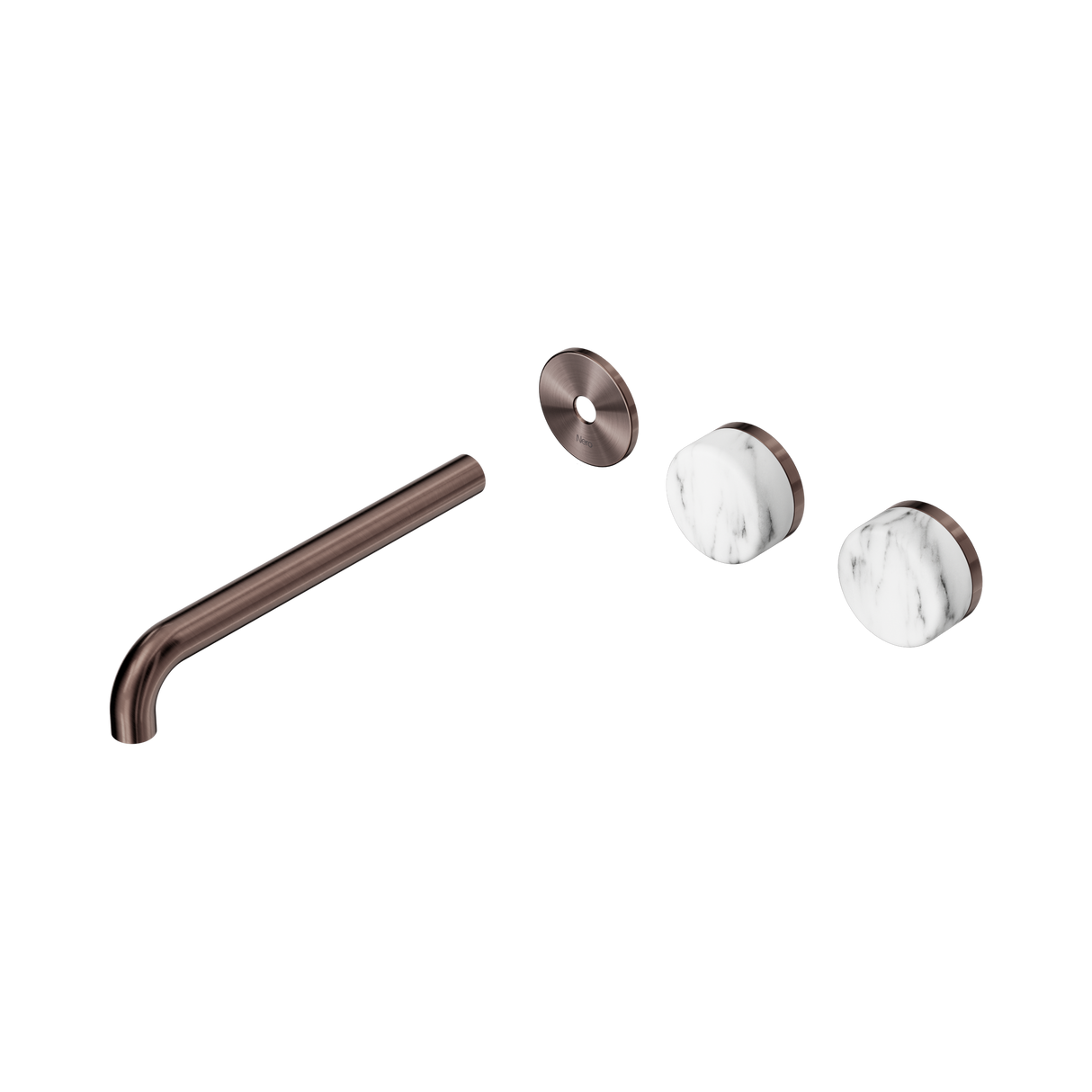 An image of Nero Tapware's Serenity Wall Basin Set 220mm Offset Spout With Arabescato Corchia Handle Trim Kit Only Brushed Bronze