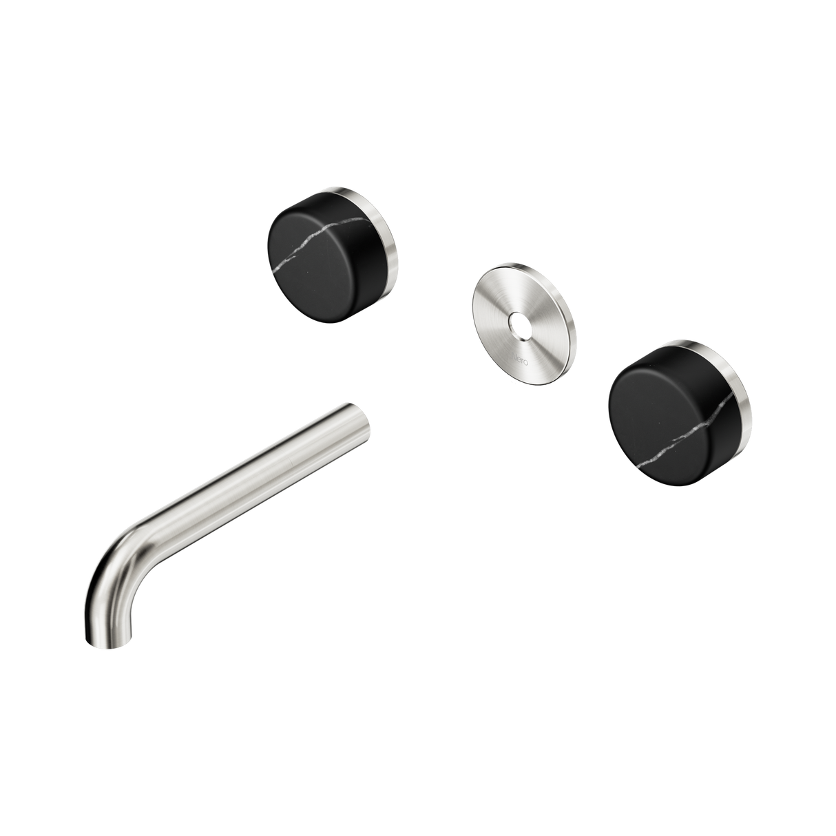 An image of Nero Tapware's Serenity Wall Basin Set 160mm Spout With Marquina Black Handle Trim Kit Only Brushed Nickel