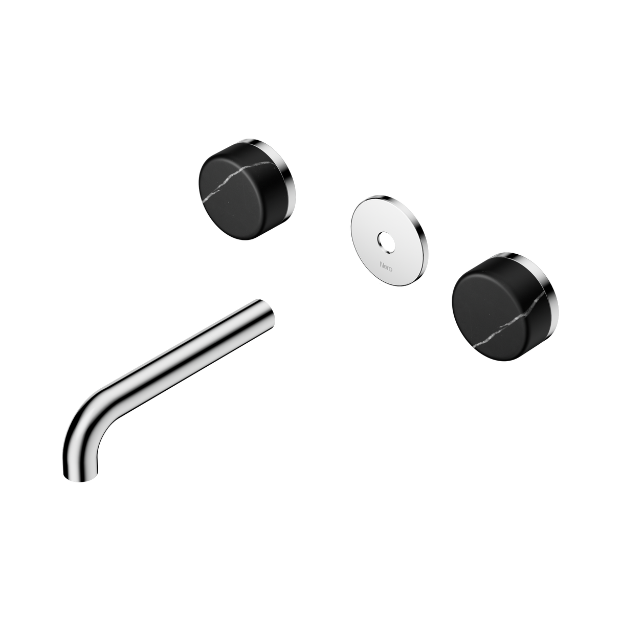 An image of Nero Tapware's Serenity Wall Basin Set 160mm Spout With Marquina Black Handle Trim Kit Only Chrome