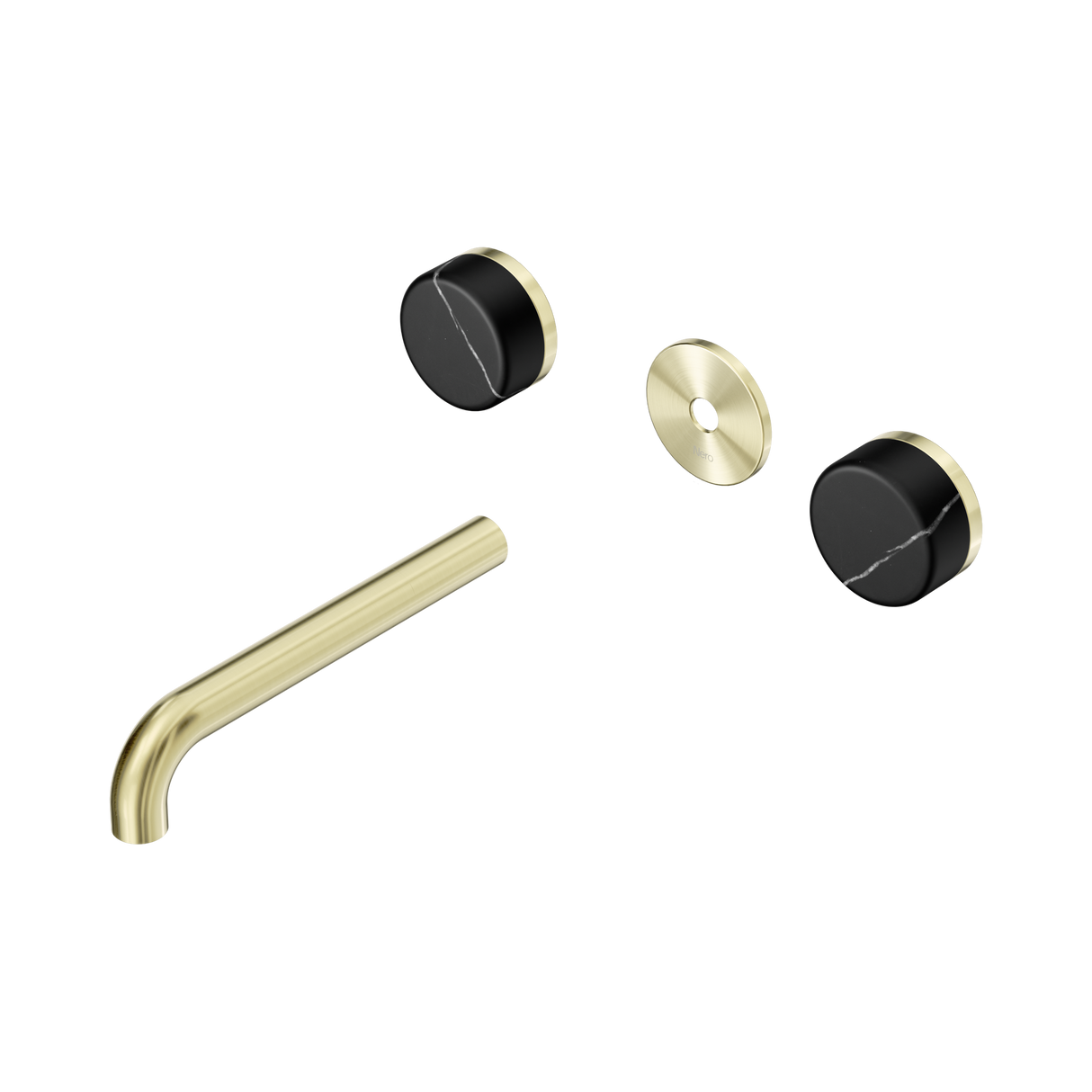 An image of Nero Tapware's Serenity Wall Basin Set 185mm Spout With Marquina Black Handle Trim Kit Only Brushed Gold