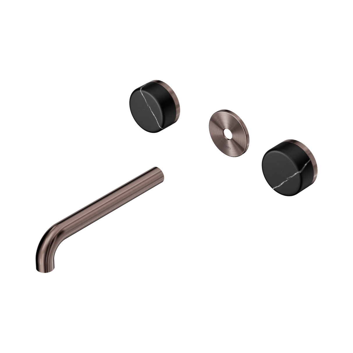 An image of Nero Tapware's Serenity Wall Basin Set 185mm Spout With Marquina Black Handle Trim Kit Only Brushed Bronze
