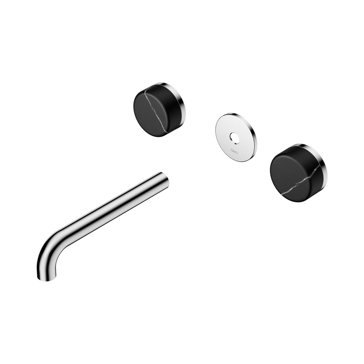 An image of Nero Tapware's Serenity Wall Basin Set 185mm Spout With Marquina Black Handle Trim Kit Only Chrome