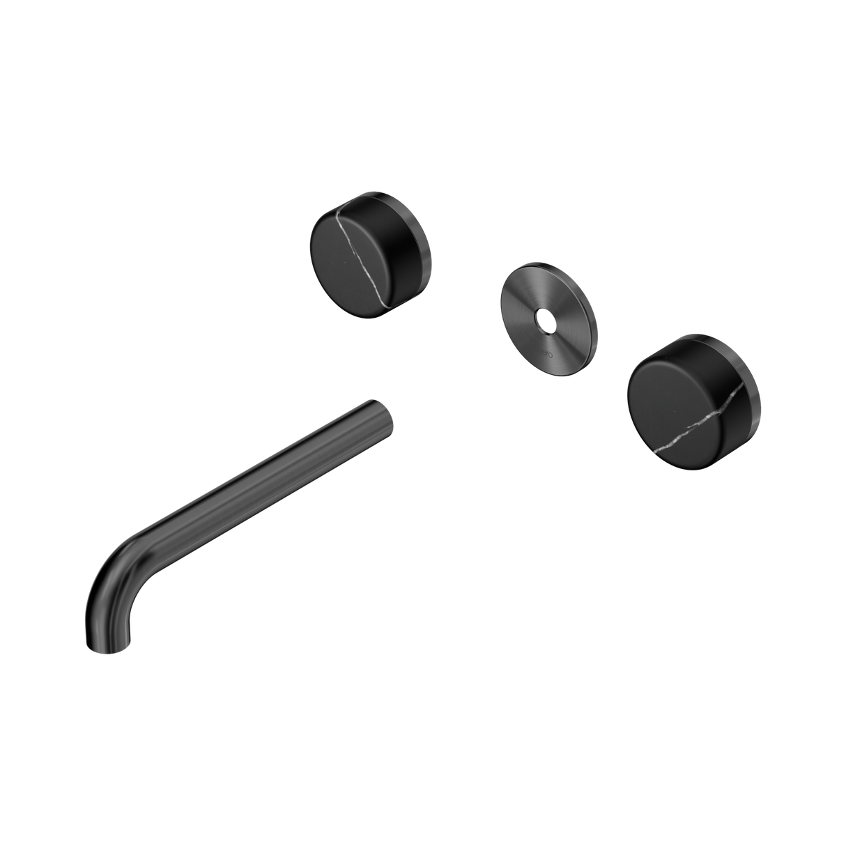An image of Nero Tapware's Serenity Wall Basin Set 185mm Spout With Marquina Black Handle Trim Kit Only Gun Metal