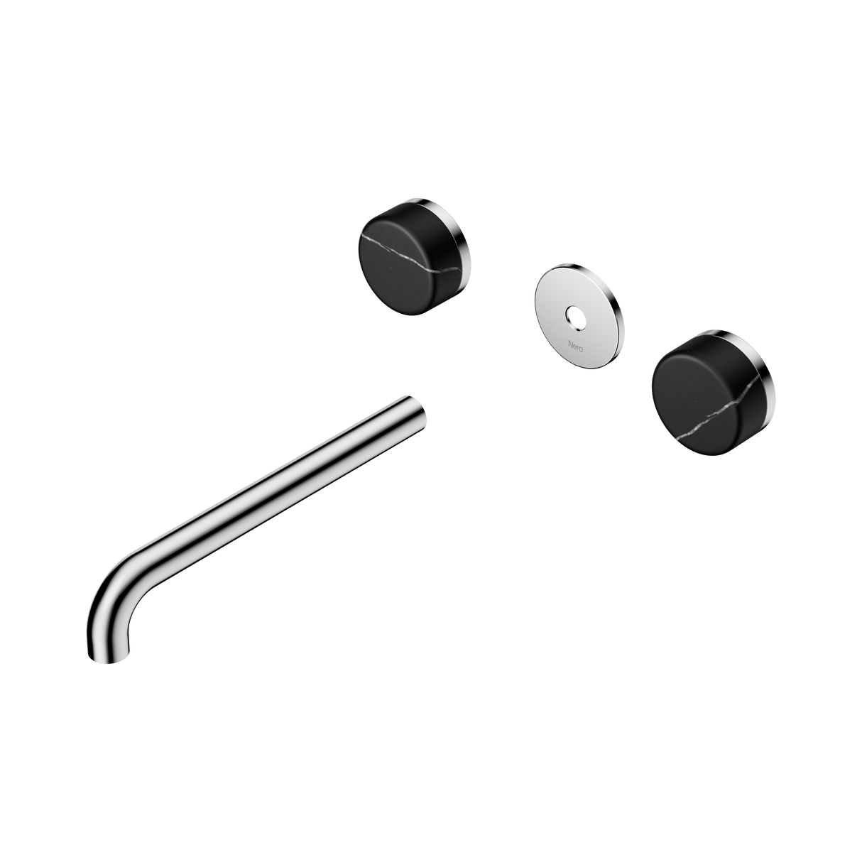 An image of Nero Tapware's Serenity Wall Basin Set 220mm Spout With Marquina Black Handle Trim Kit Only Chrome