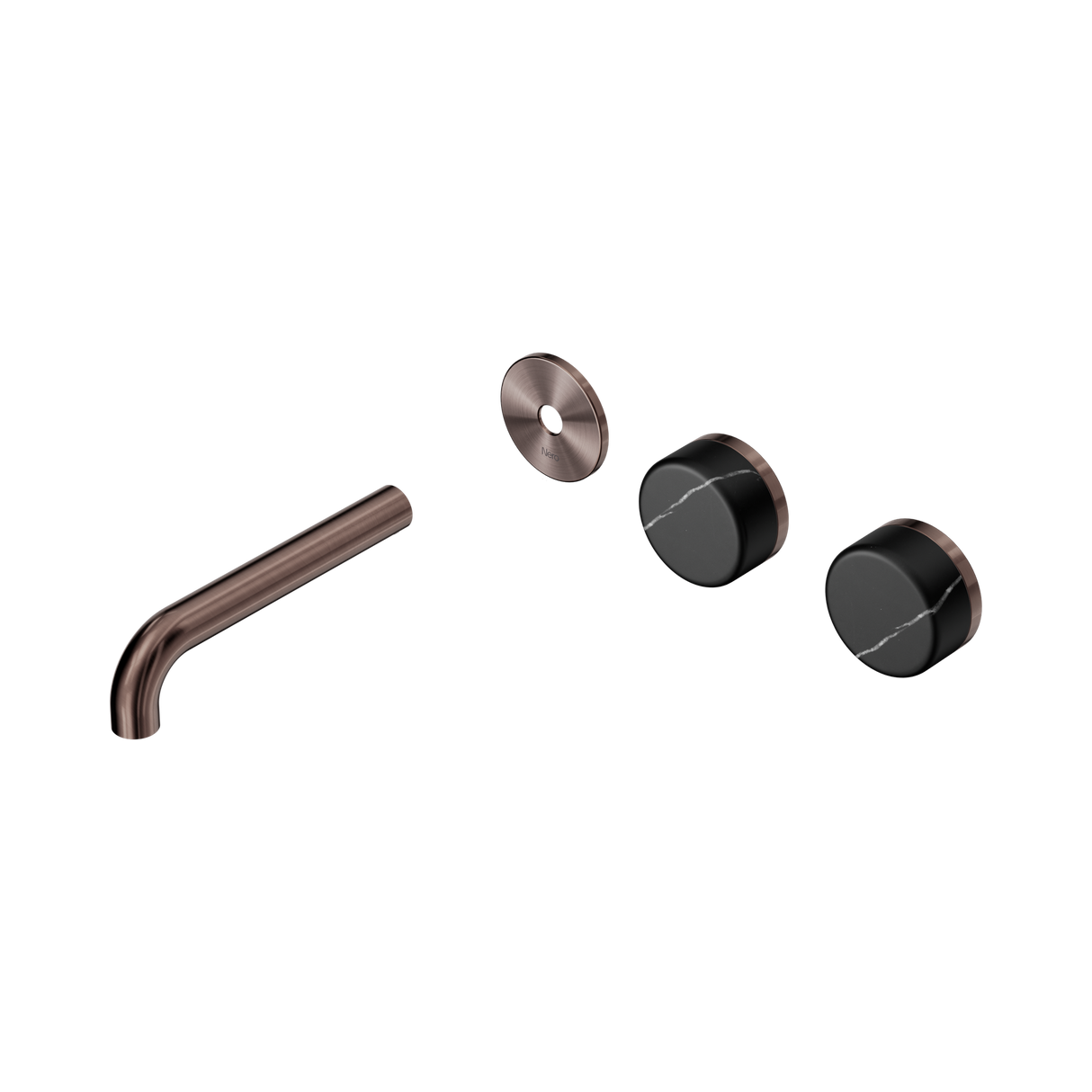 An image of Nero Tapware's Serenity Wall Basin Set 160mm Offset Spout With Marquina Black Handle Trim Kit Only Brushed Bronze