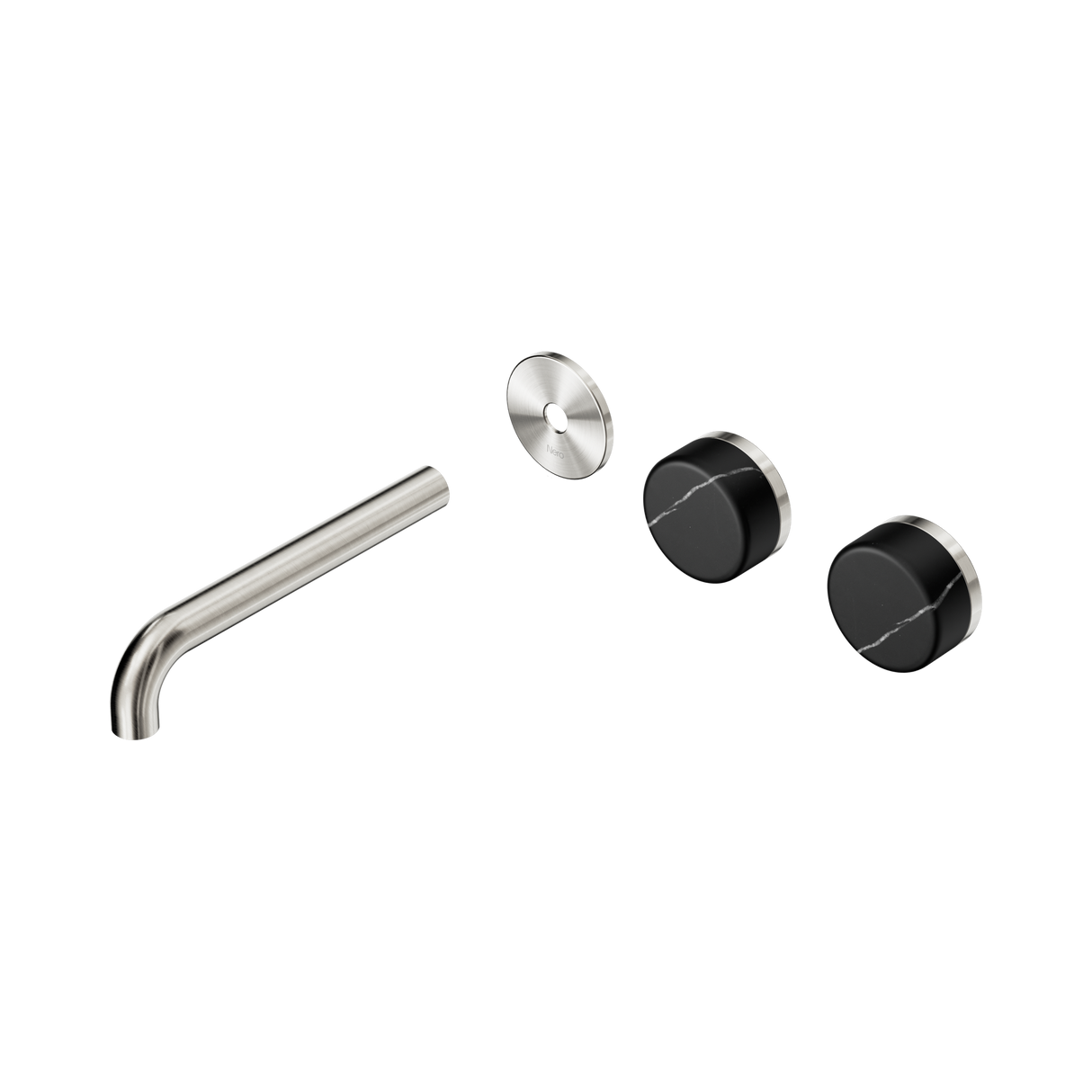 An image of Nero Tapware's Serenity Wall Basin Set 185mm Offset Spout With Marquina Black Handle Trim Kit Only Brushed Nickel