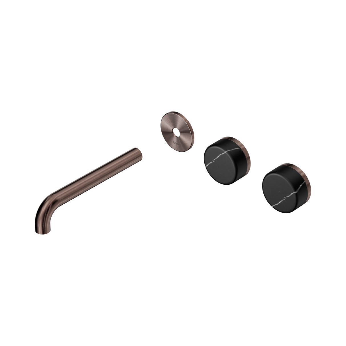 An image of Nero Tapware's Serenity Wall Basin Set 185mm Offset Spout With Marquina Black Handle Trim Kit Only Brushed Bronze