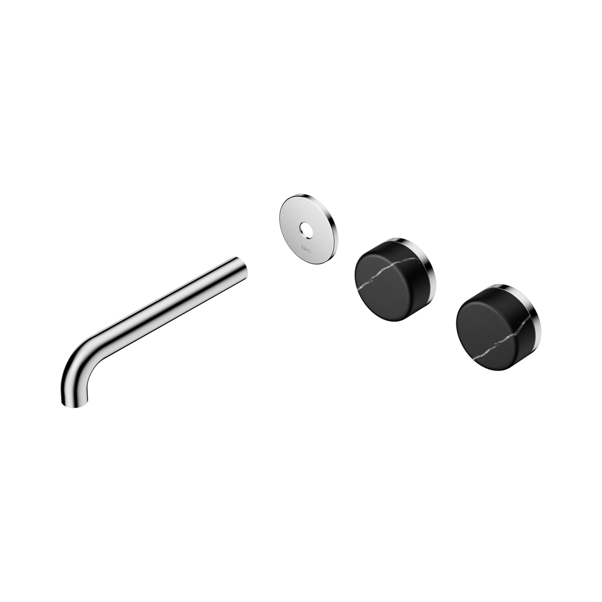An image of Nero Tapware's Serenity Wall Basin Set 185mm Offset Spout With Marquina Black Handle Trim Kit Only Chrome