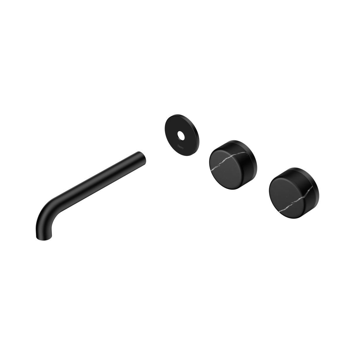 An image of Nero Tapware's Serenity Wall Basin Set 185mm Offset Spout With Marquina Black Handle Trim Kit Only Matt Black