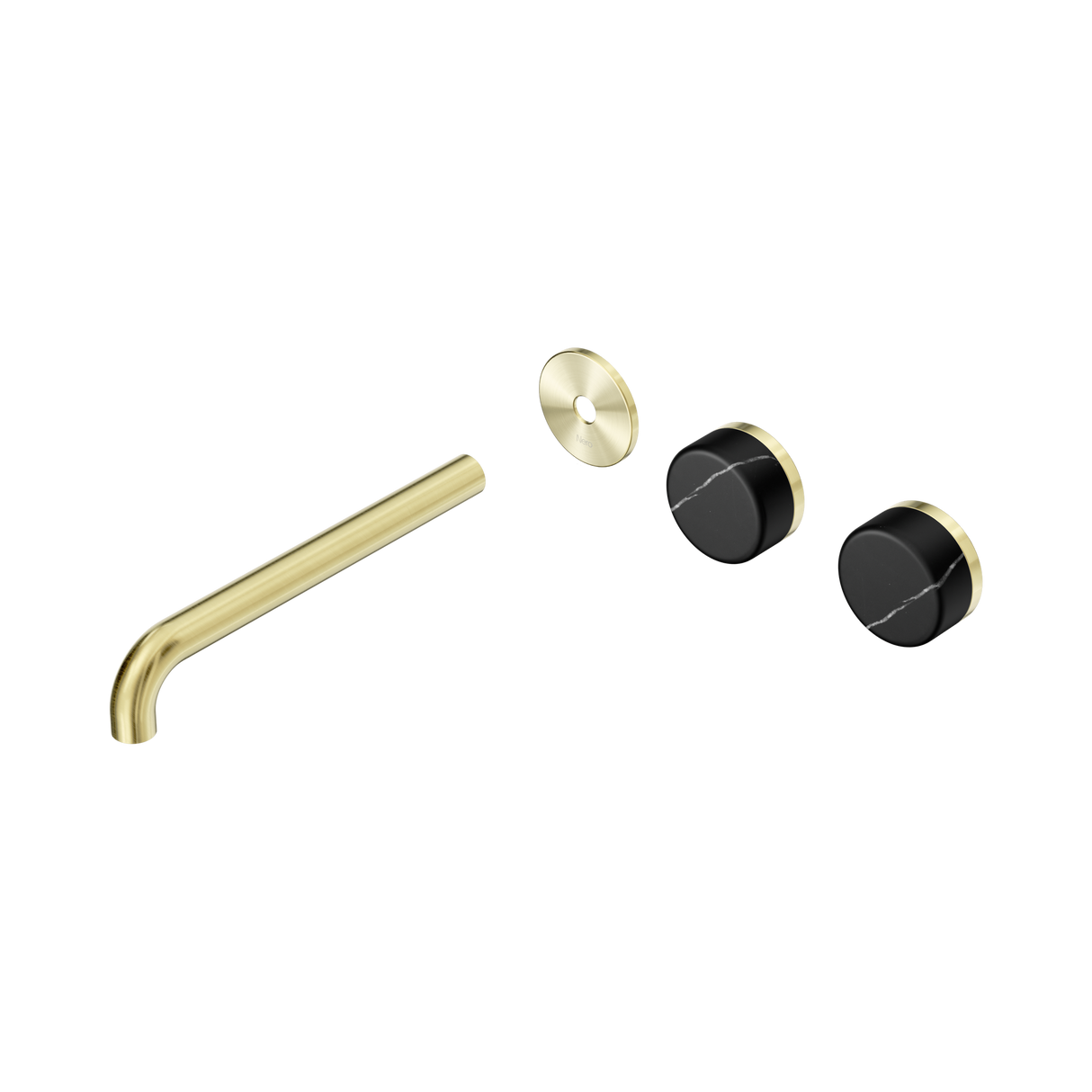 An image of Nero Tapware's Serenity Wall Basin Set 220mm Offset Spout With Marquina Black Handle Trim Kit Only Brushed Gold