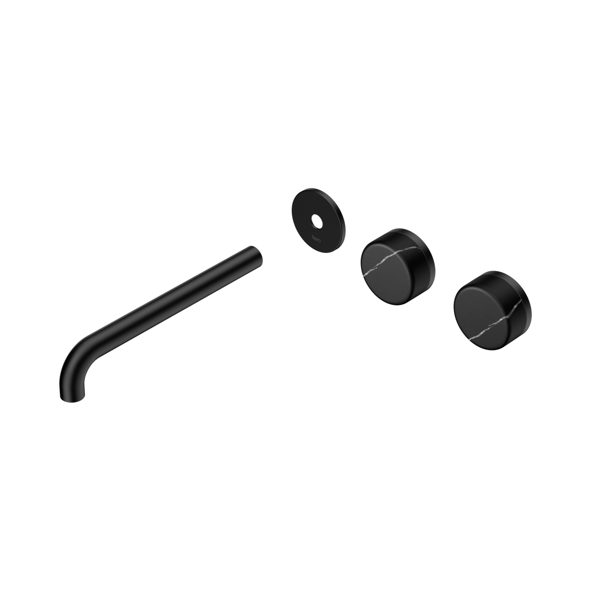 An image of Nero Tapware's Serenity Wall Basin Set 220mm Offset Spout With Marquina Black Handle Trim Kit Only Matt Black