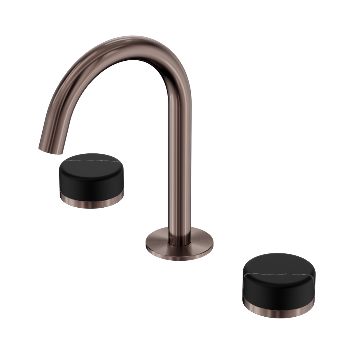 An image of Nero Tapware's Serenity Basin Set Arc Spout With Marquina Black Handle Brushed Bronze