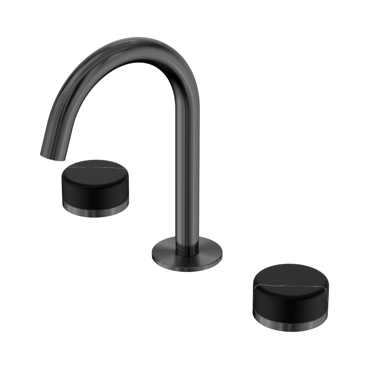An image of Nero Tapware's Serenity Basin Set Arc Spout With Marquina Black Handle Gun Metal