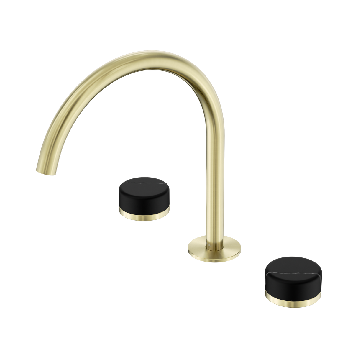 An image of Nero Tapware's Serenity Bath/Kitchen Set Arc Spout With Marquina Black Handle Brushed Gold