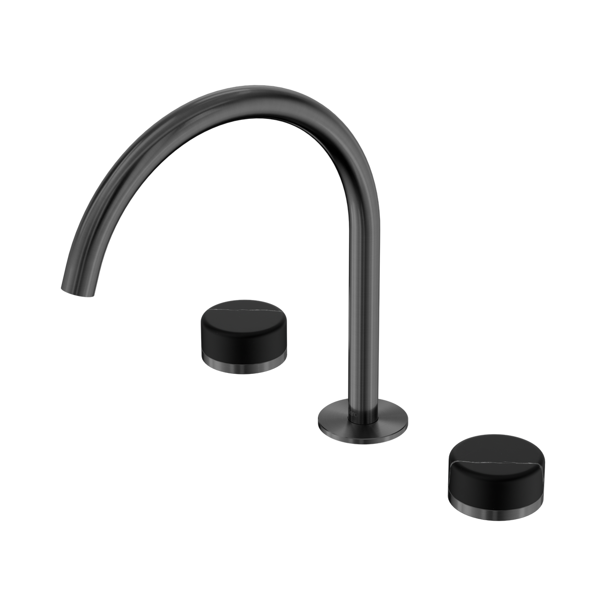 An image of Nero Tapware's Serenity Bath/Kitchen Set Arc Spout With Marquina Black Handle Gun Metal