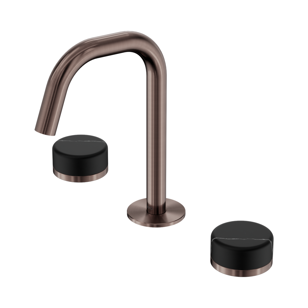 An image of Nero Tapware's Serenity Basin Set Edge Spout With Marquina Black Handle Brushed Bronze