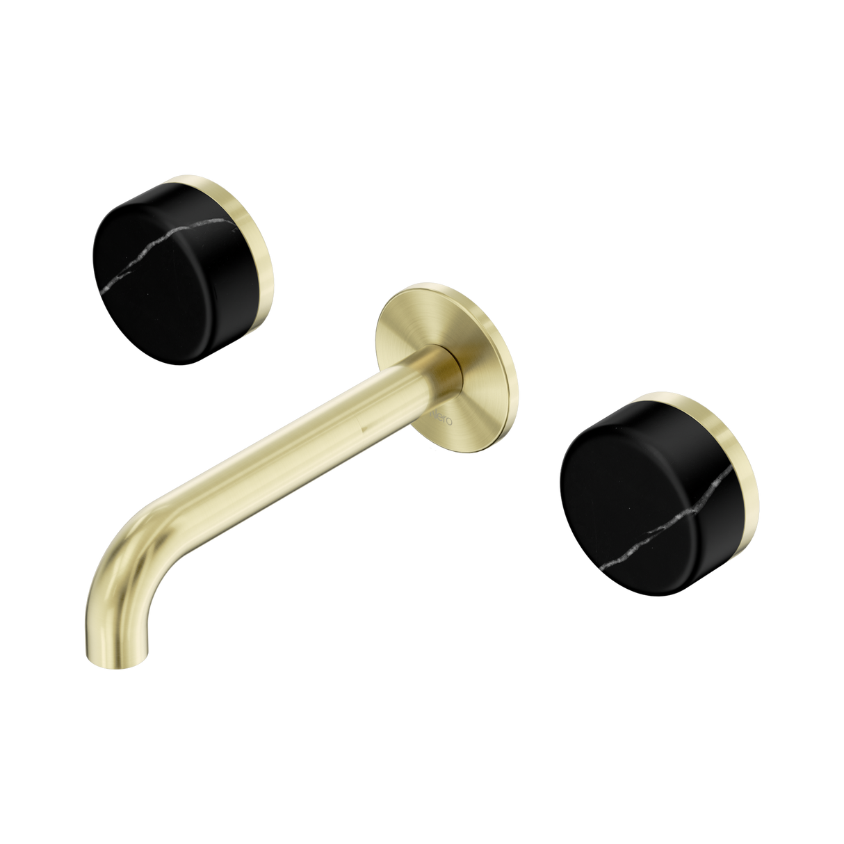 An image of Nero Tapware's Serenity Wall Basin Set 160mm Spout With Marquina Black Handle Brushed Gold
