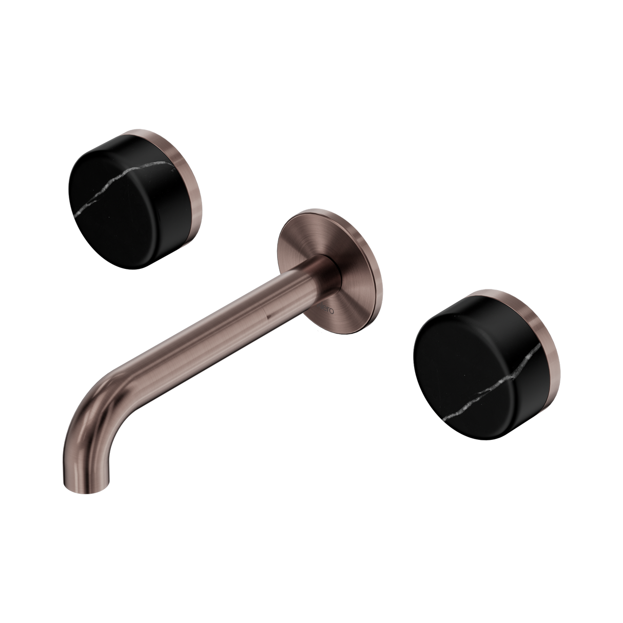 An image of Nero Tapware's Serenity Wall Basin Set 160mm Spout With Marquina Black Handle Brushed Bronze