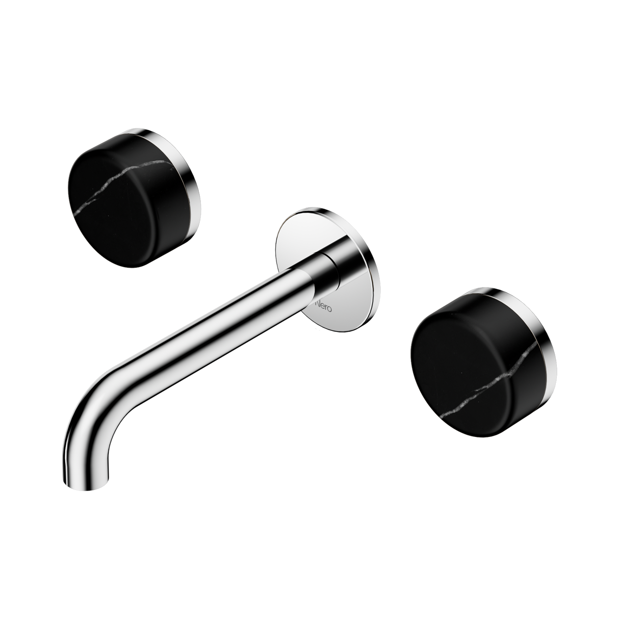 An image of Nero Tapware's Serenity Wall Basin Set 160mm Spout With Marquina Black Handle Chrome