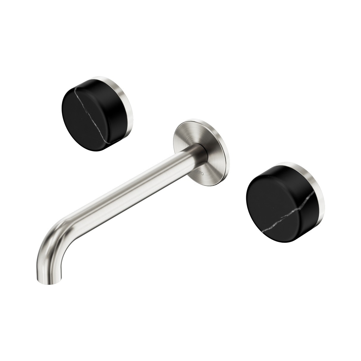 An image of Nero Tapware's Serenity Wall Basin Set 185mm Spout With Marquina Black Handle Brushed Nickel
