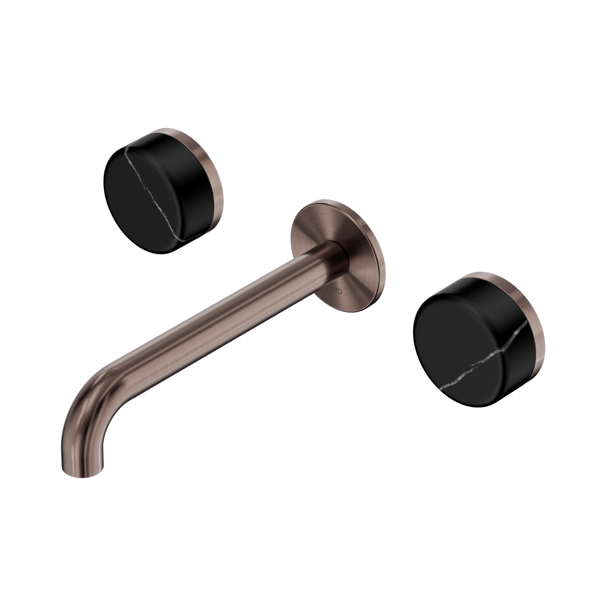 An image of Nero Tapware's Serenity Wall Basin Set 185mm Spout With Marquina Black Handle Brushed Bronze