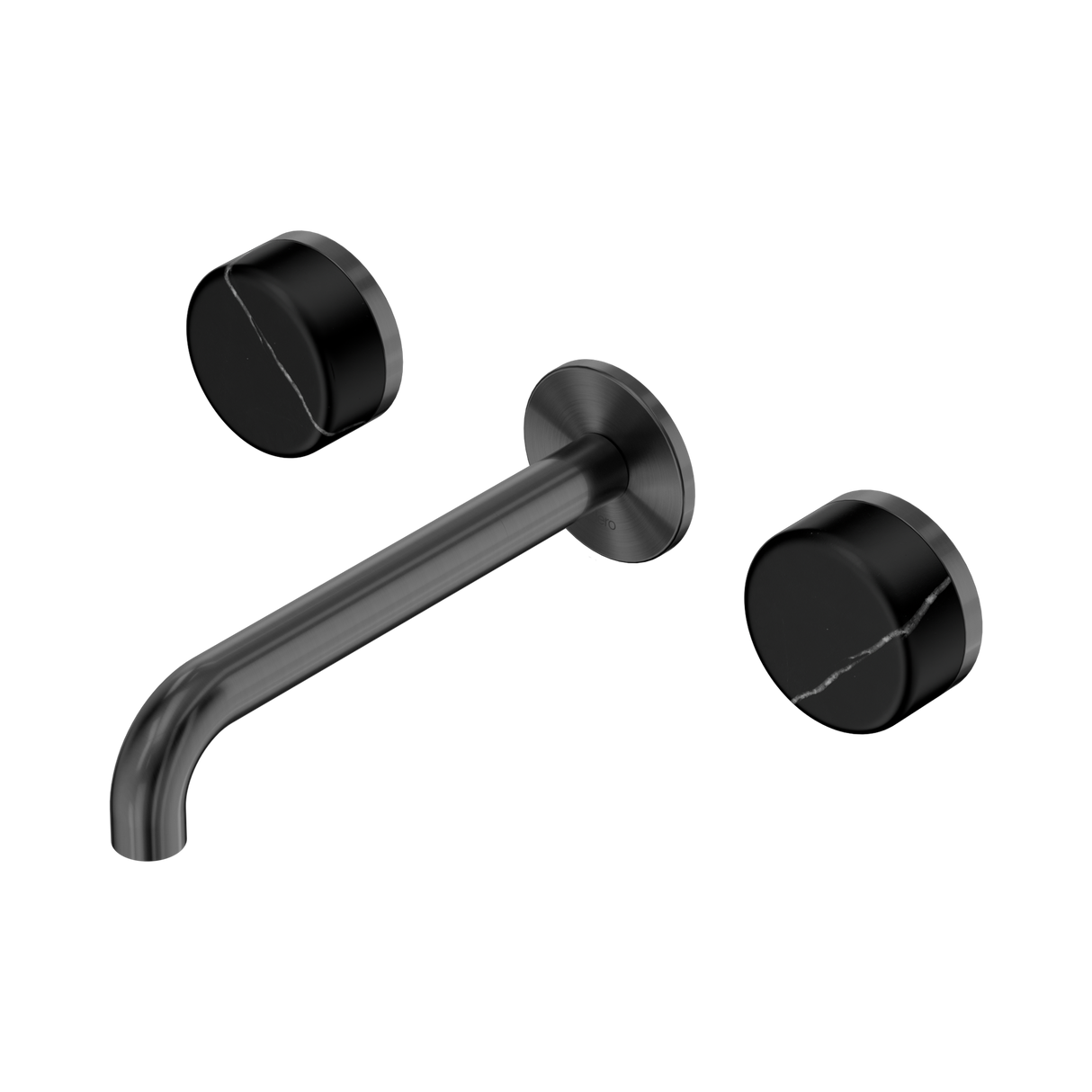 An image of Nero Tapware's Serenity Wall Basin Set 185mm Spout With Marquina Black Handle Gun Metal