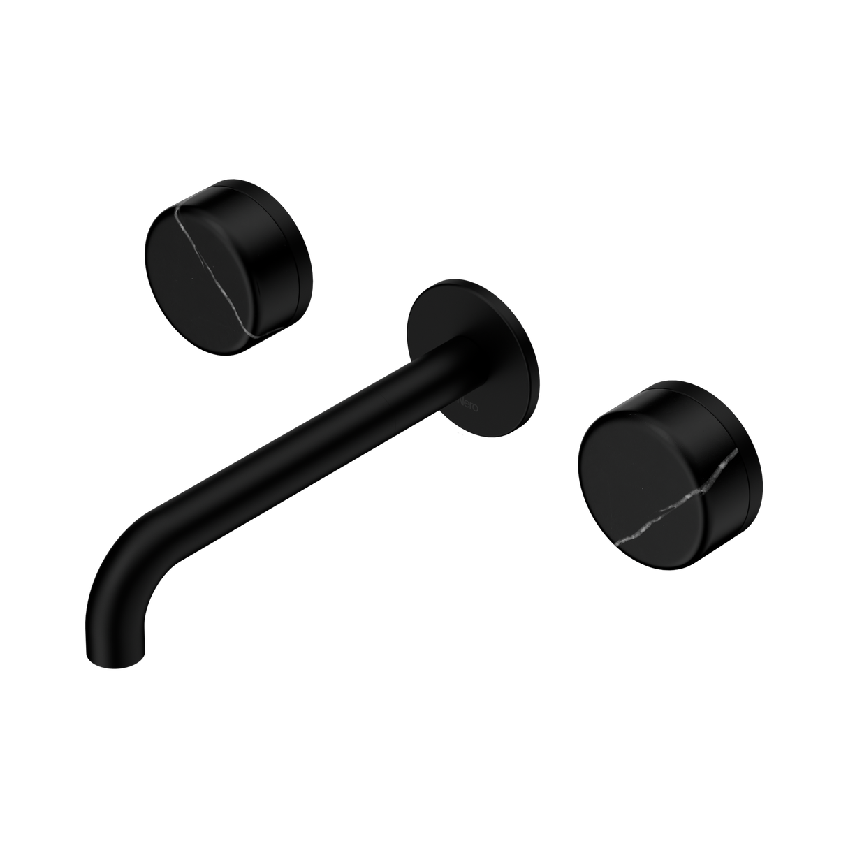 An image of Nero Tapware's Serenity Wall Basin Set 185mm Spout With Marquina Black Handle Matt Black