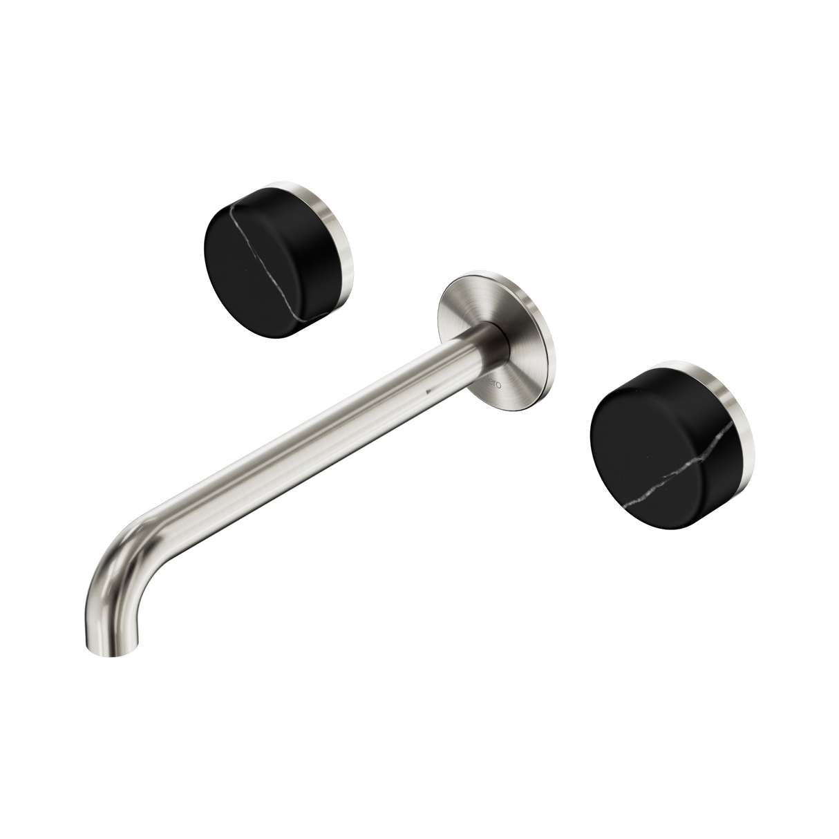 An image of Nero Tapware's Serenity Wall Basin Set 220mm Spout With Marquina Black Handle Brushed Nickel
