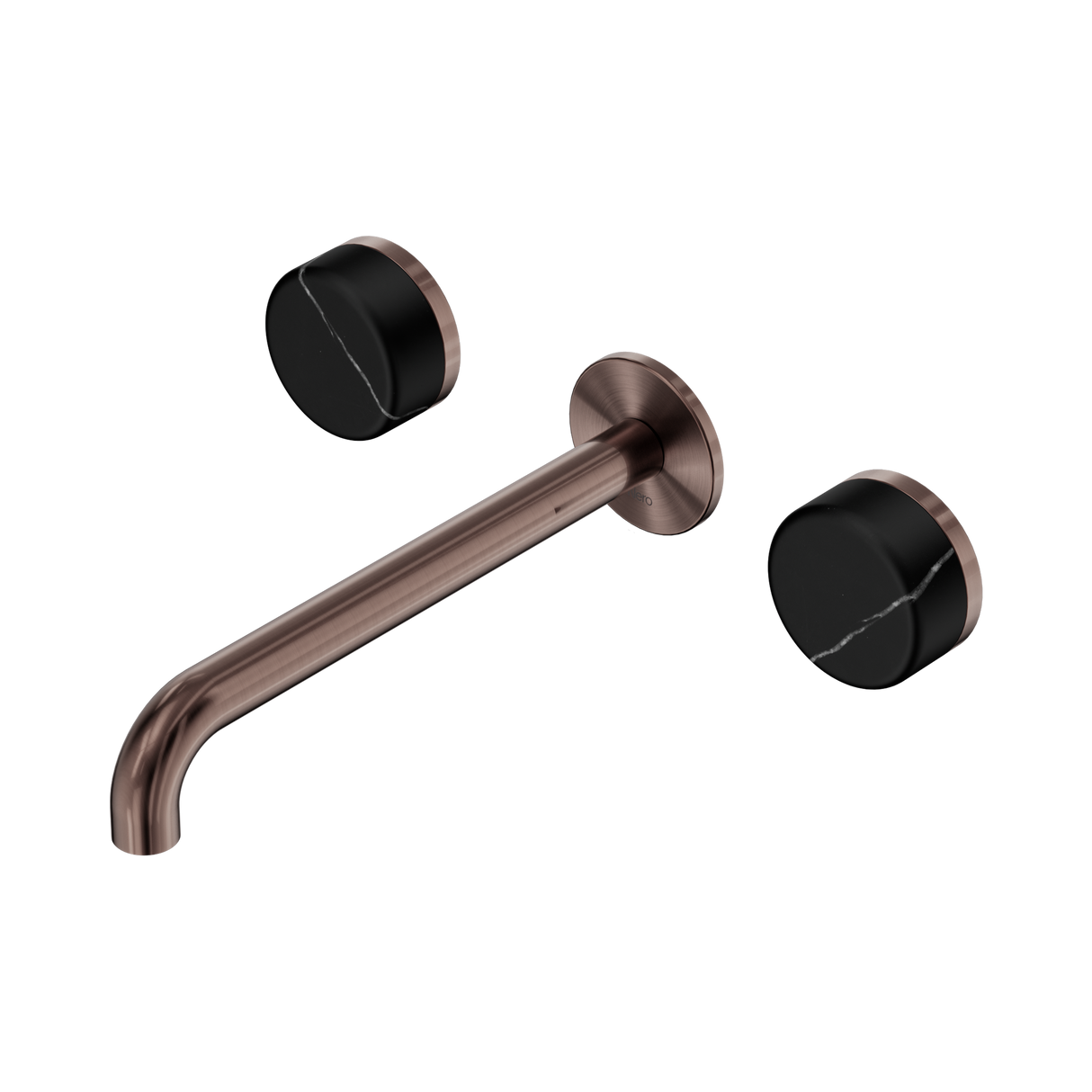 An image of Nero Tapware's Serenity Wall Basin Set 220mm Spout With Marquina Black Handle Brushed Bronze