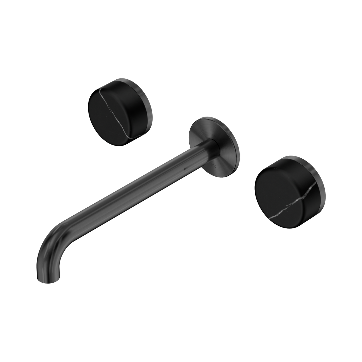 An image of Nero Tapware's Serenity Wall Basin Set 220mm Spout With Marquina Black Handle Gun Metal